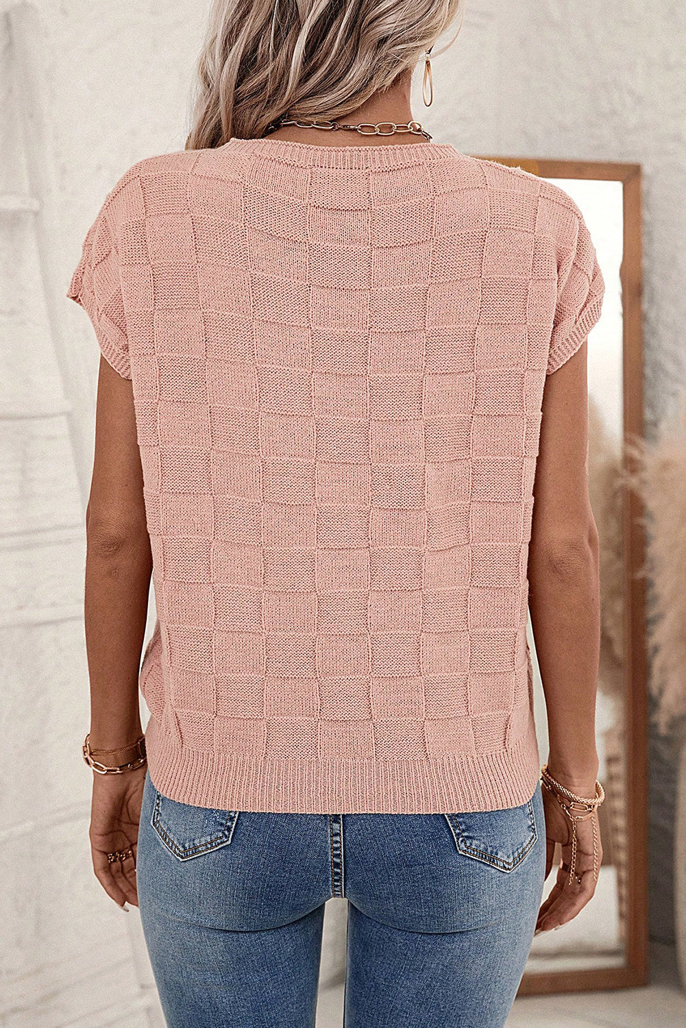 Pull à manches courtes en tricot texturé en treillis rose poussiéreux