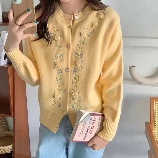 Cardigan tricoté à fleurs tridimensionnelles brodées, manteau pull pour femmes