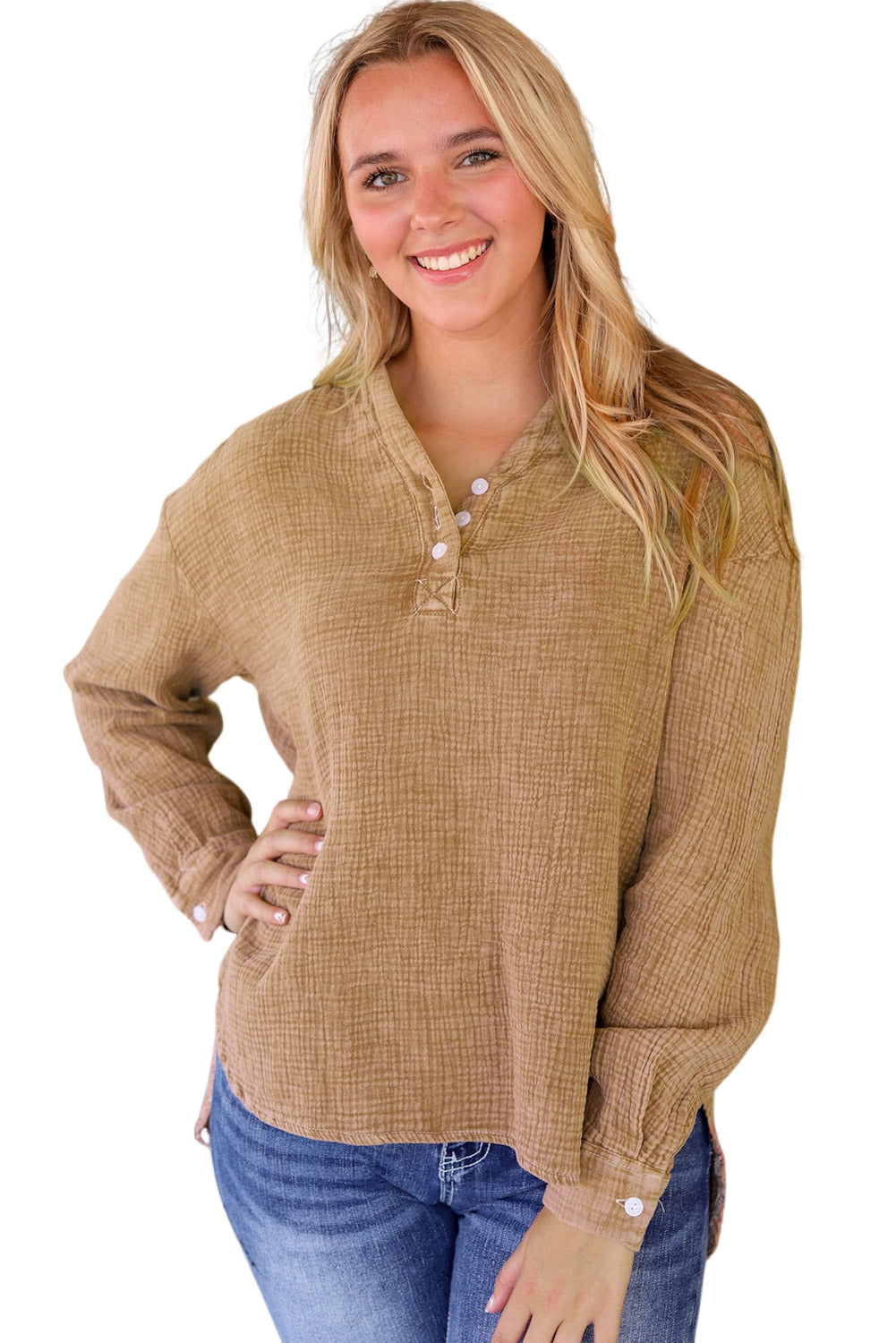 Brown Crinkle Textured Loose Henley Top