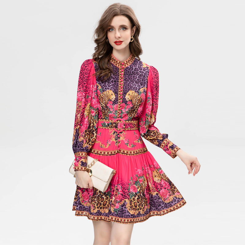 Sweet Temperament Positioning Printing Single-breasted Belt Long Sleeve Dress