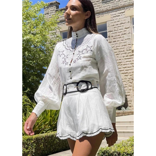 XINGX Cotton Embroidered Casual Vacation Shirt Top High Waist Shorts Suit