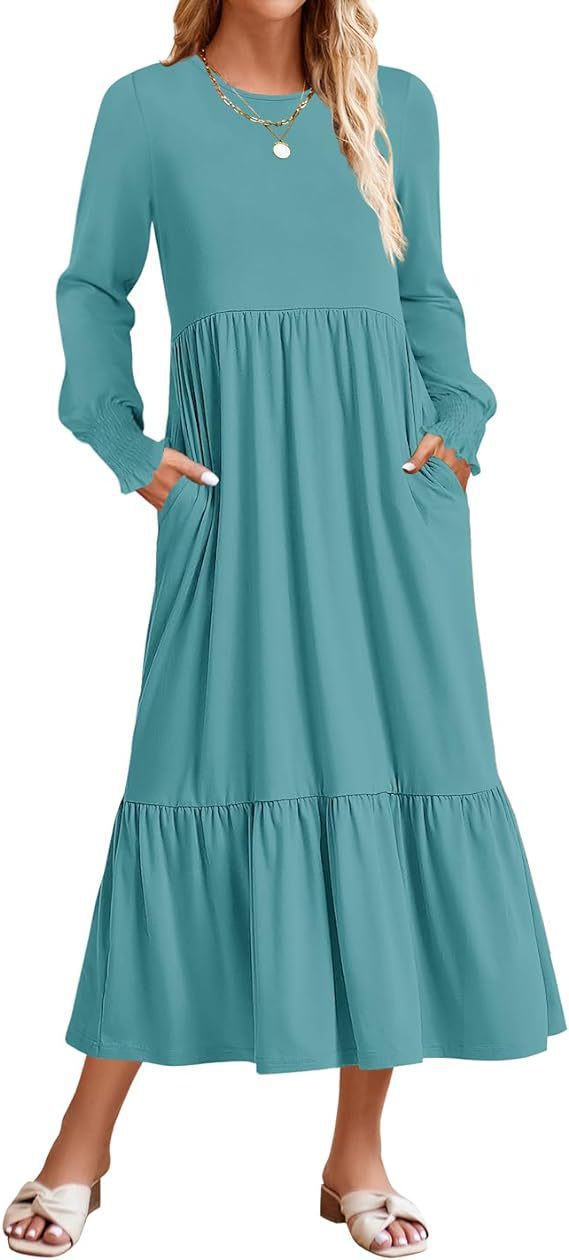 Robe mi-longue smockée à manches longues et col rond pour femme