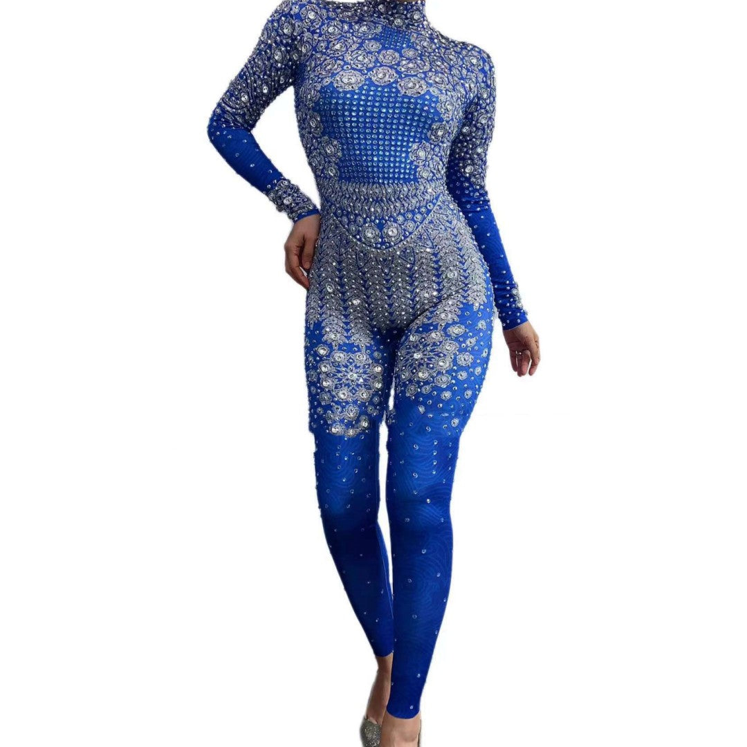 Women's Full Diamond Blue Printing Long Sleeve Jumpsuit