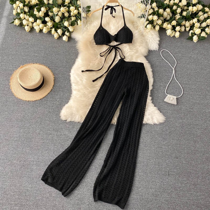 Two Piece Lace Up Top Hollowed Out Knit Wide Leg Pants Set