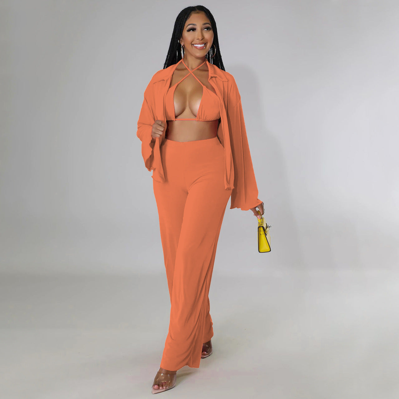 Women's Fashion Casual Long Sleeve Bikini Wide Leg Pants Suit