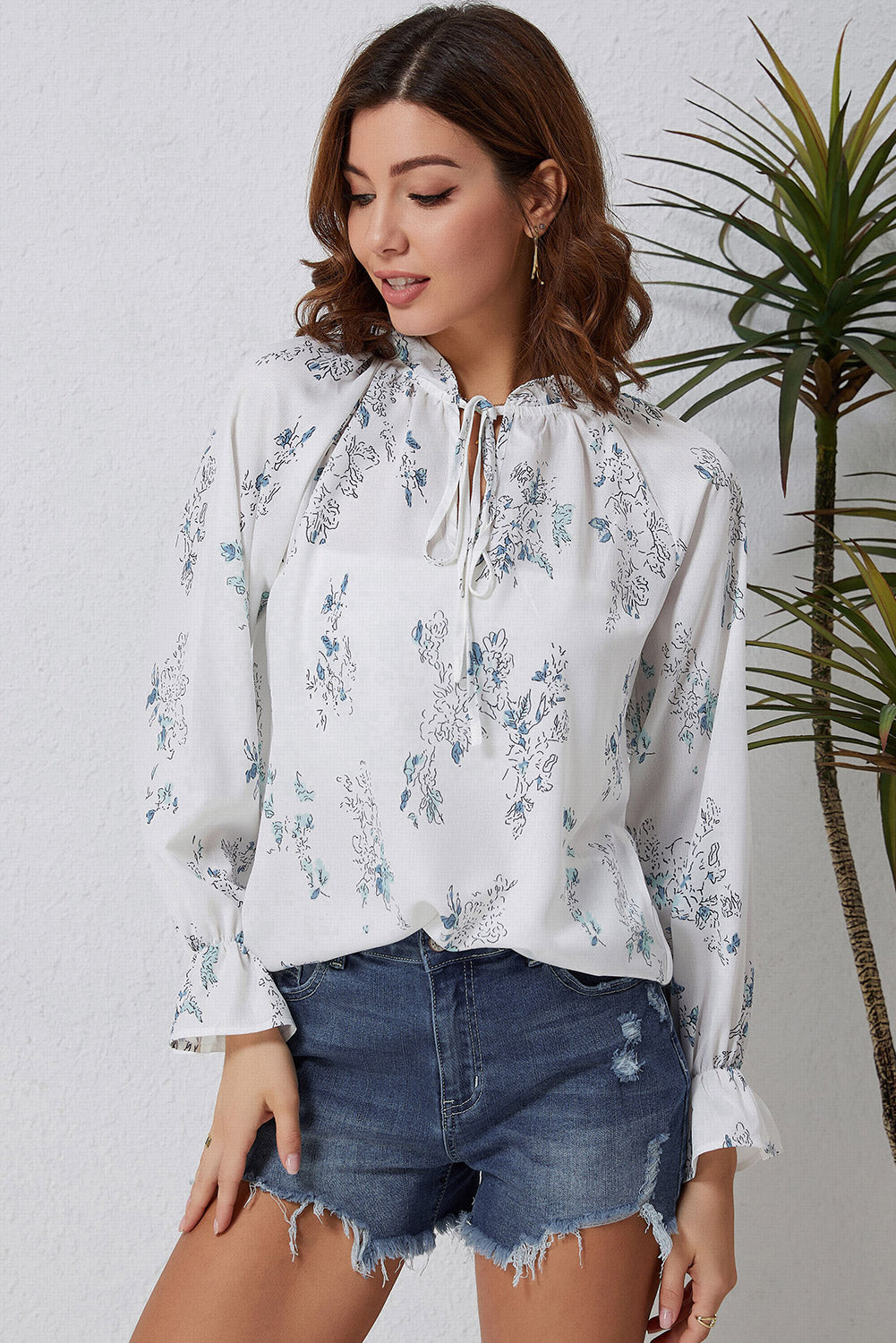 Double Take Floral Tie Neck Flounce Sleeve Blouse