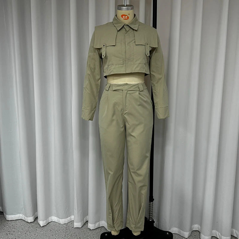 Women's Lapel Midriff-baring Top Solid Color High Waist Straight Pants Suit