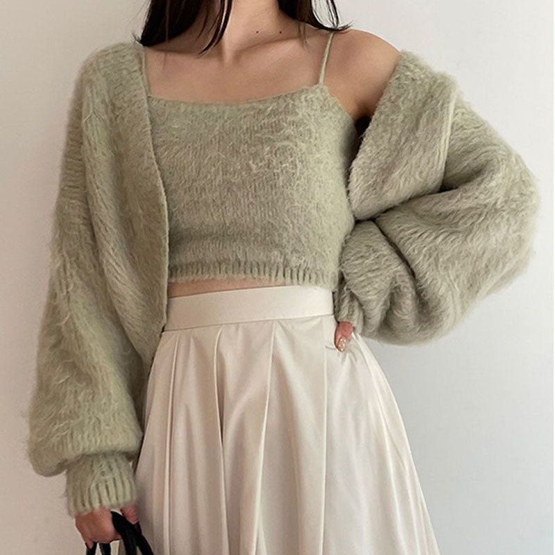 Fall Winter Trend Versatile Knitted Suspenders Short Cardigan Two-piece Set