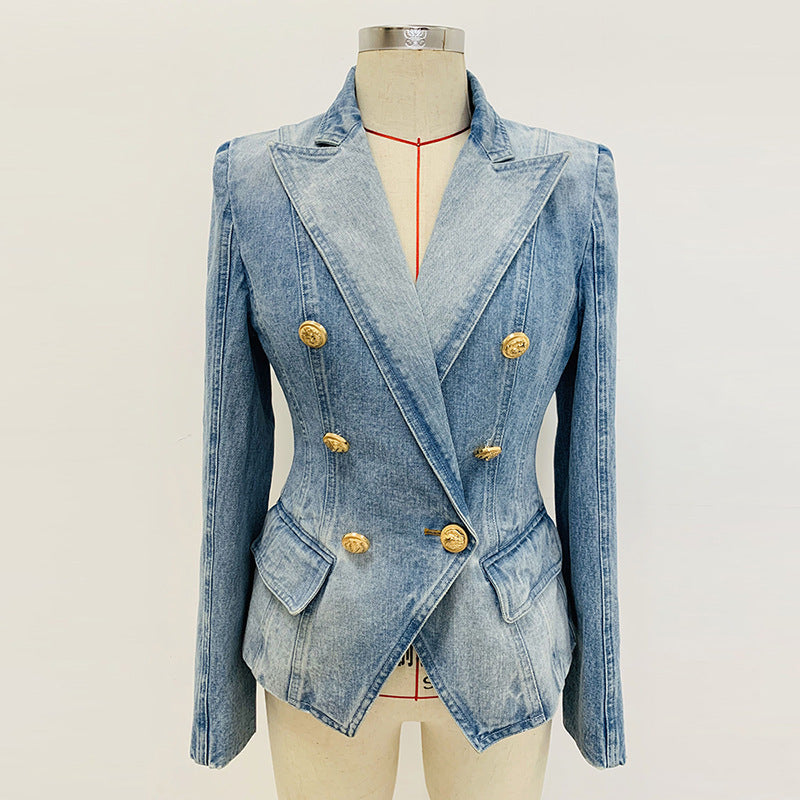 Veste de costume en jean slim à double boutonnage et boutons de lion pour femme