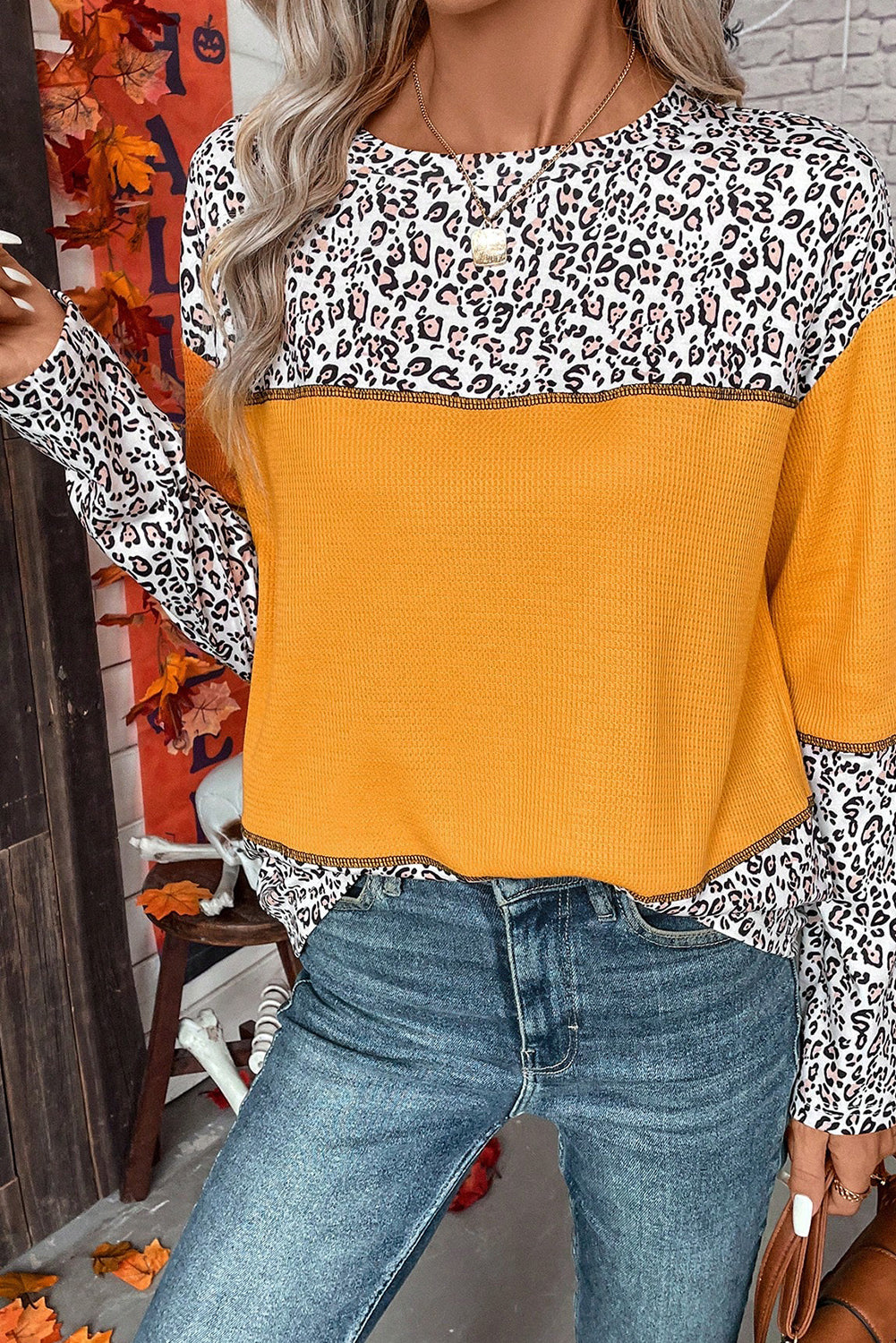 Top de patchwork de punto gofre con estampado de leopardo naranja Vitality