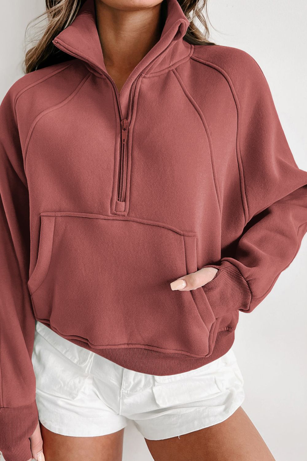 Zip-Up Collared Neck Raglan Sleeve Sweatshirt