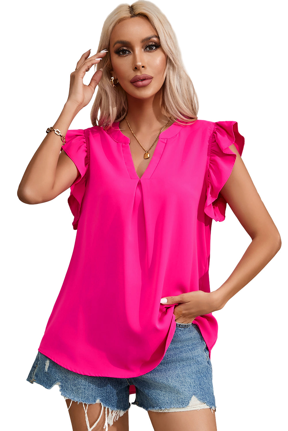 Blouse rouge rose à manches volantées et col cranté