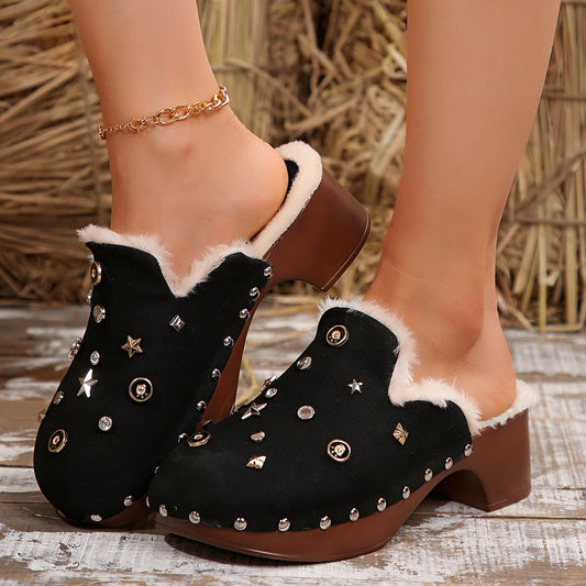 Fleece-lined Cotton Slippers Female Rivet Toe Cap Warm Non-slip