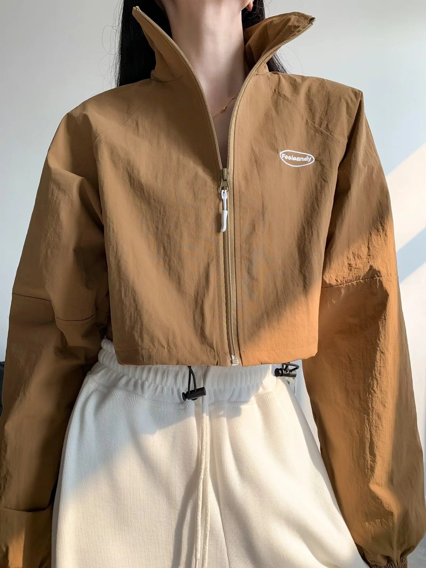 Cardigan à col montant et fermeture éclair, Style sportif, mode européenne et américaine, manchette élastique, manteau court coupe-vent