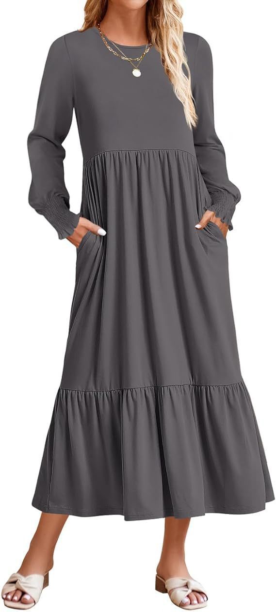 Robe mi-longue smockée à manches longues et col rond pour femme