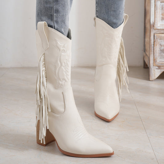 Botte de cowboy western blanche à pompons brodés