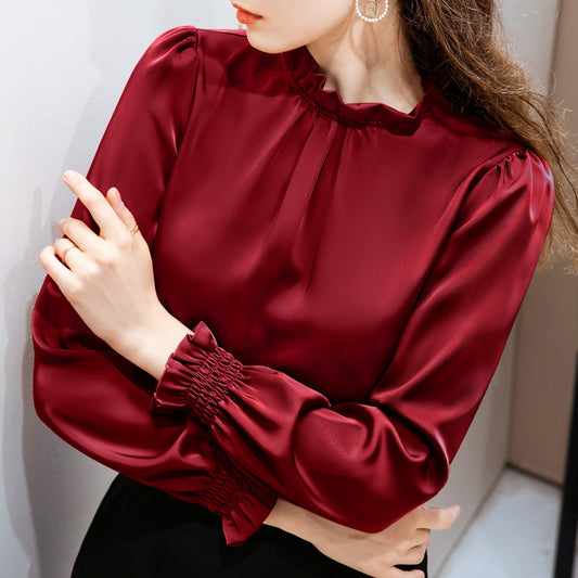 Flared sleeve slip satin ruffle bottoming shirt