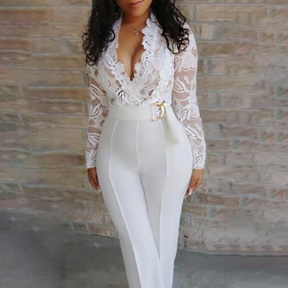 Women's Long Sleeve Lace White Jumpsuit