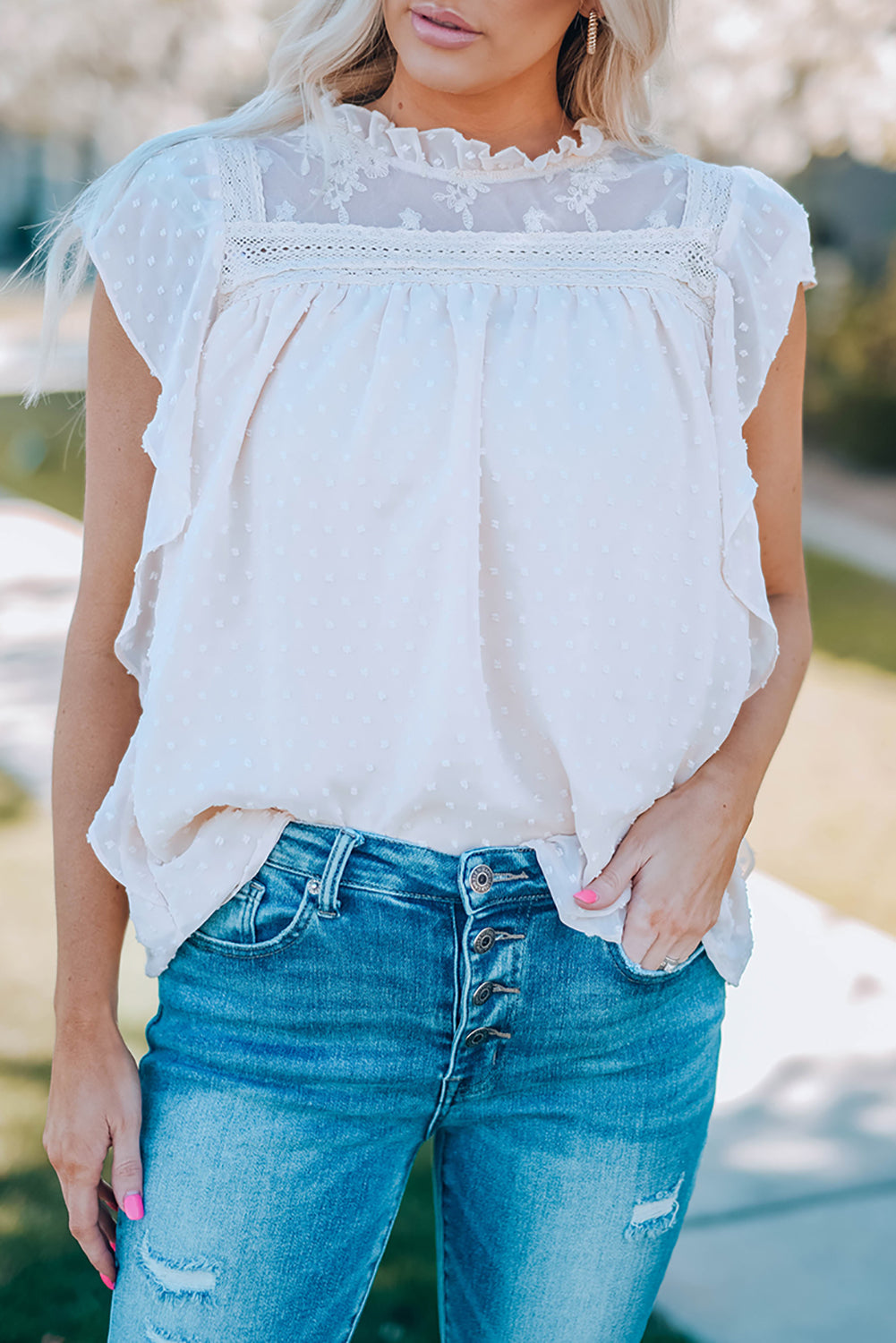 Swiss Dot Ruffled Frill Neck Blouse