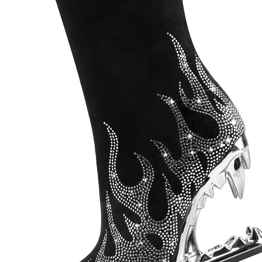 Style européen et américain dent de tigre talon profilé bottes extensibles maigres strass flamme