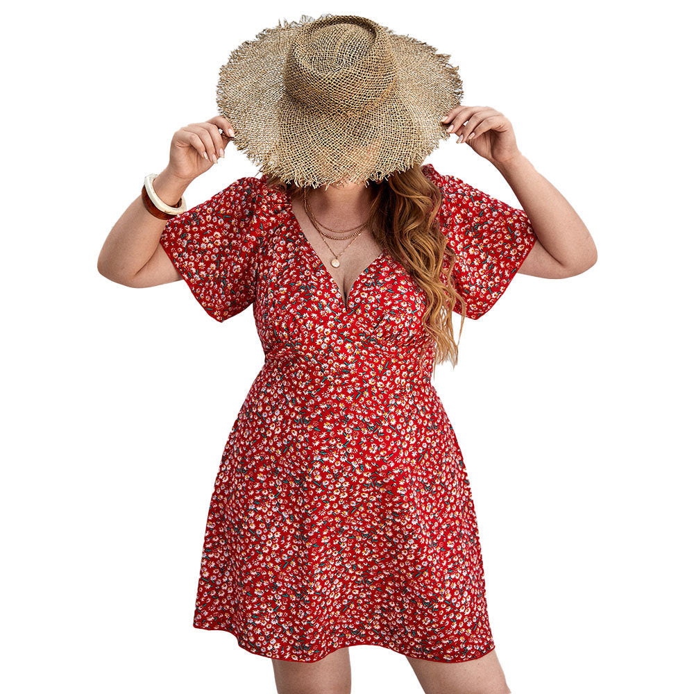 V-neck Small Floral Beach Vacation Home Leisure Dress