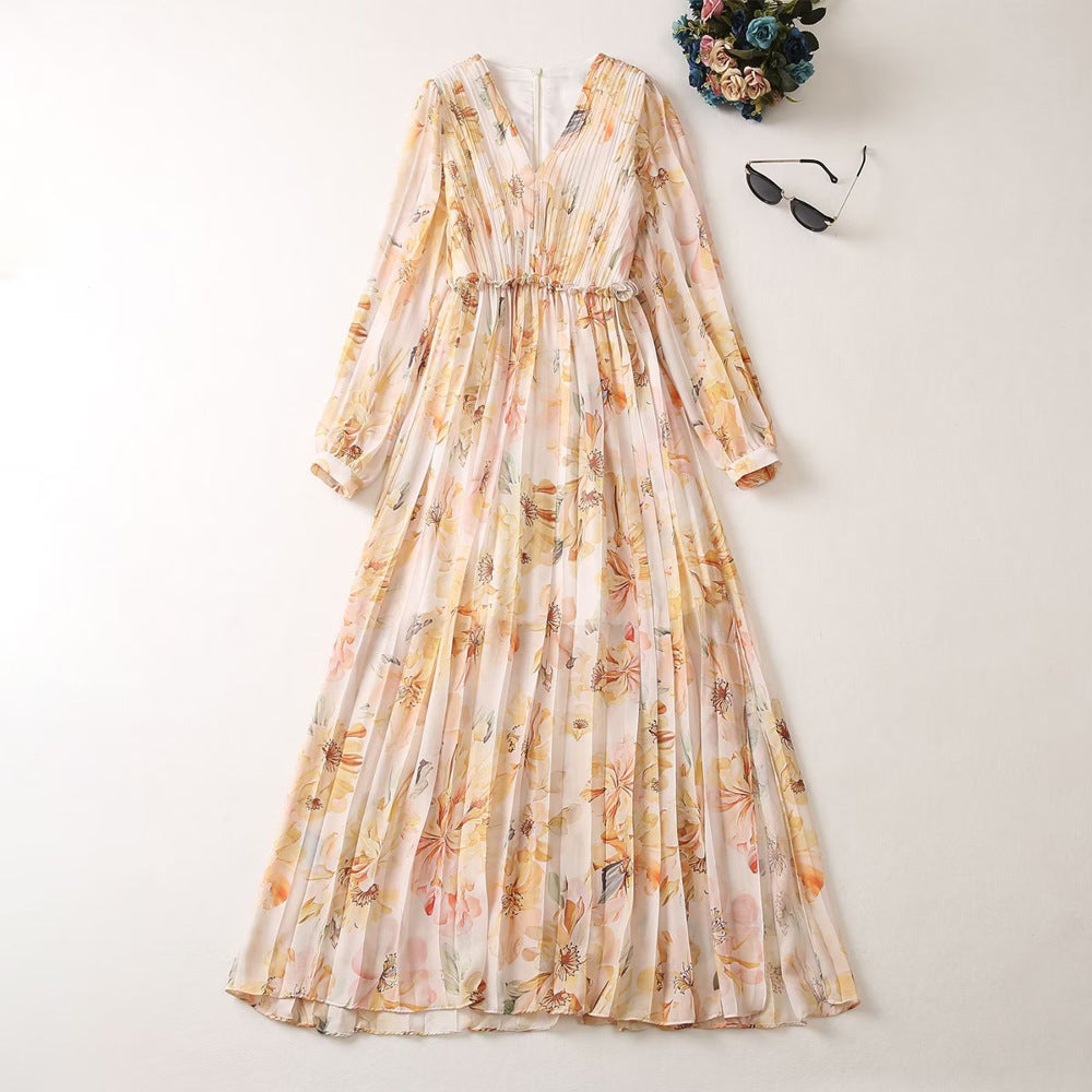 Women's V-neck Lantern Long Sleeved Printed Pleated Dress