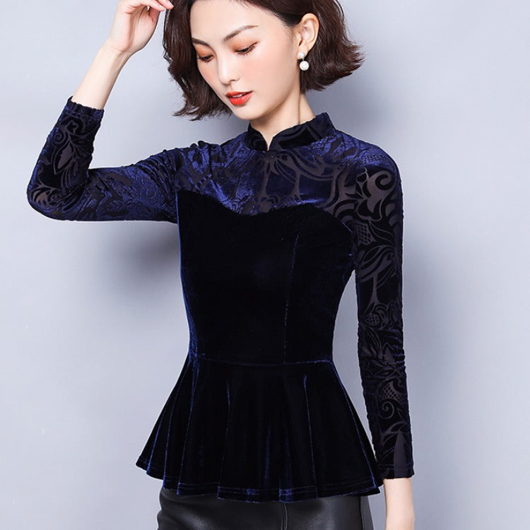 Waisted fashionable foreign style VELVET TOP