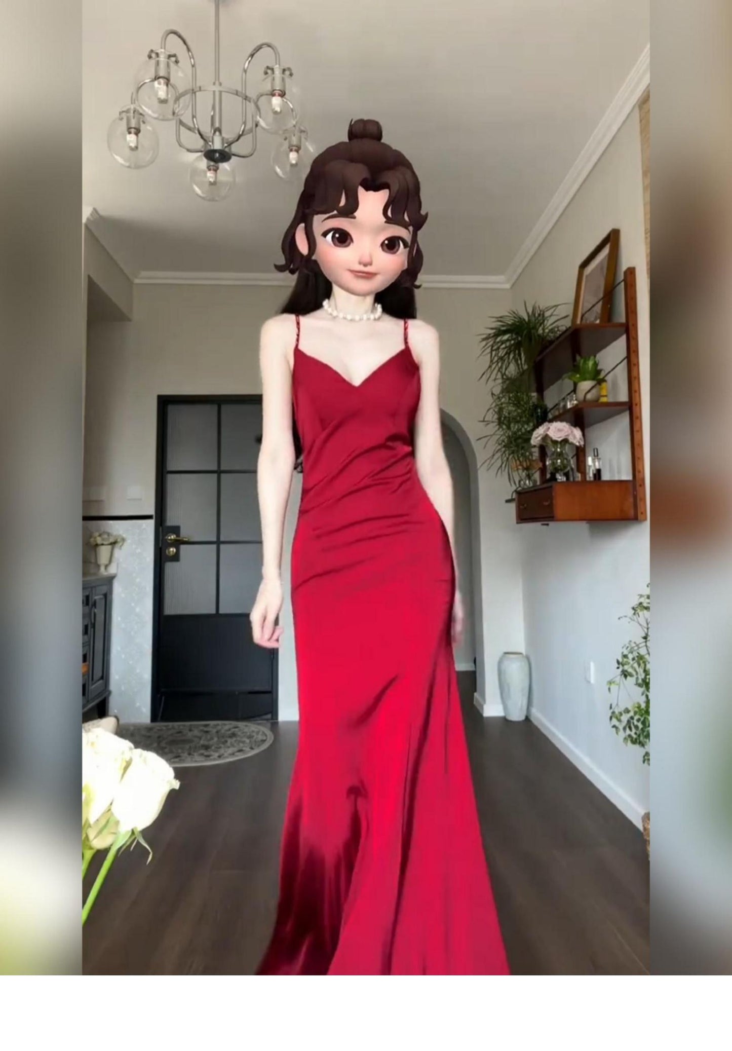 Robe rouge à bretelles, col en V, robe de soirée de mariage