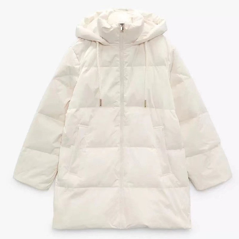 Manteau doudoune à capuche polyvalent à fermeture éclair et couleur unie pour femme