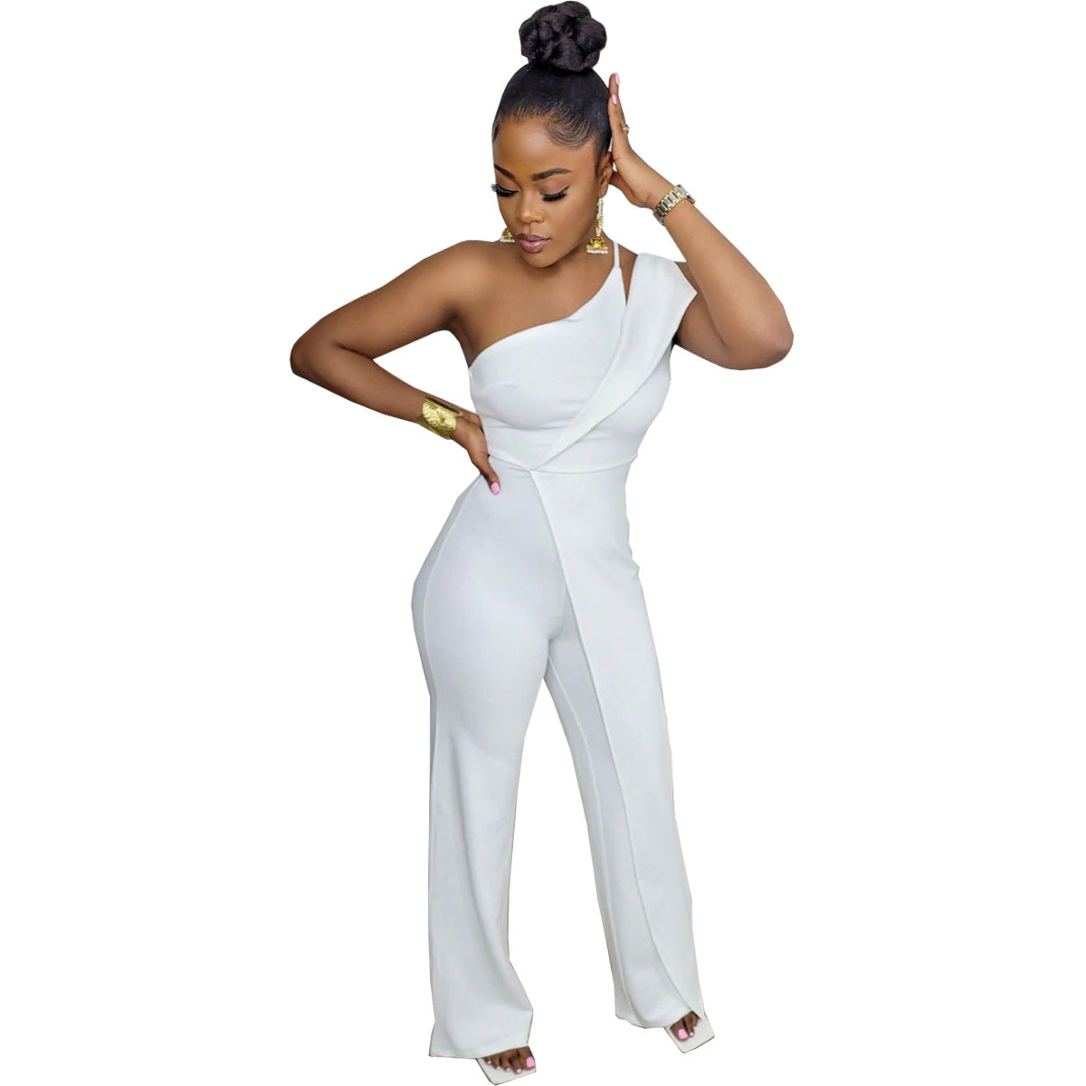 Fashion Casual One-shoulder Back Concealed Zipper Sleeveless Wide Leg Jumpsuit