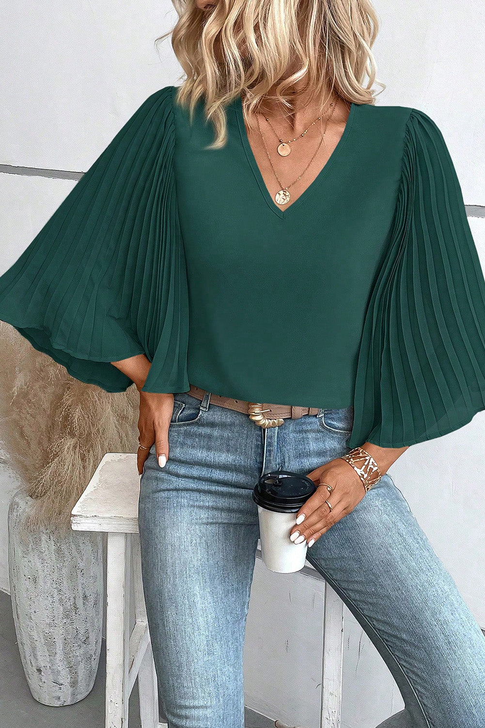 Blackish Green 3/4 Pleated Bell Sleeve V Neck Blouse