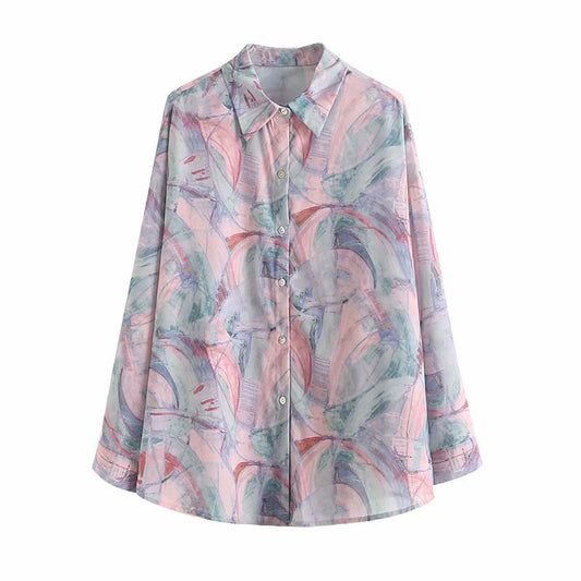 Autumn Ice Blue Powder Lye Smudge Printing Holiday Sunscreen Women's Loose Shirt