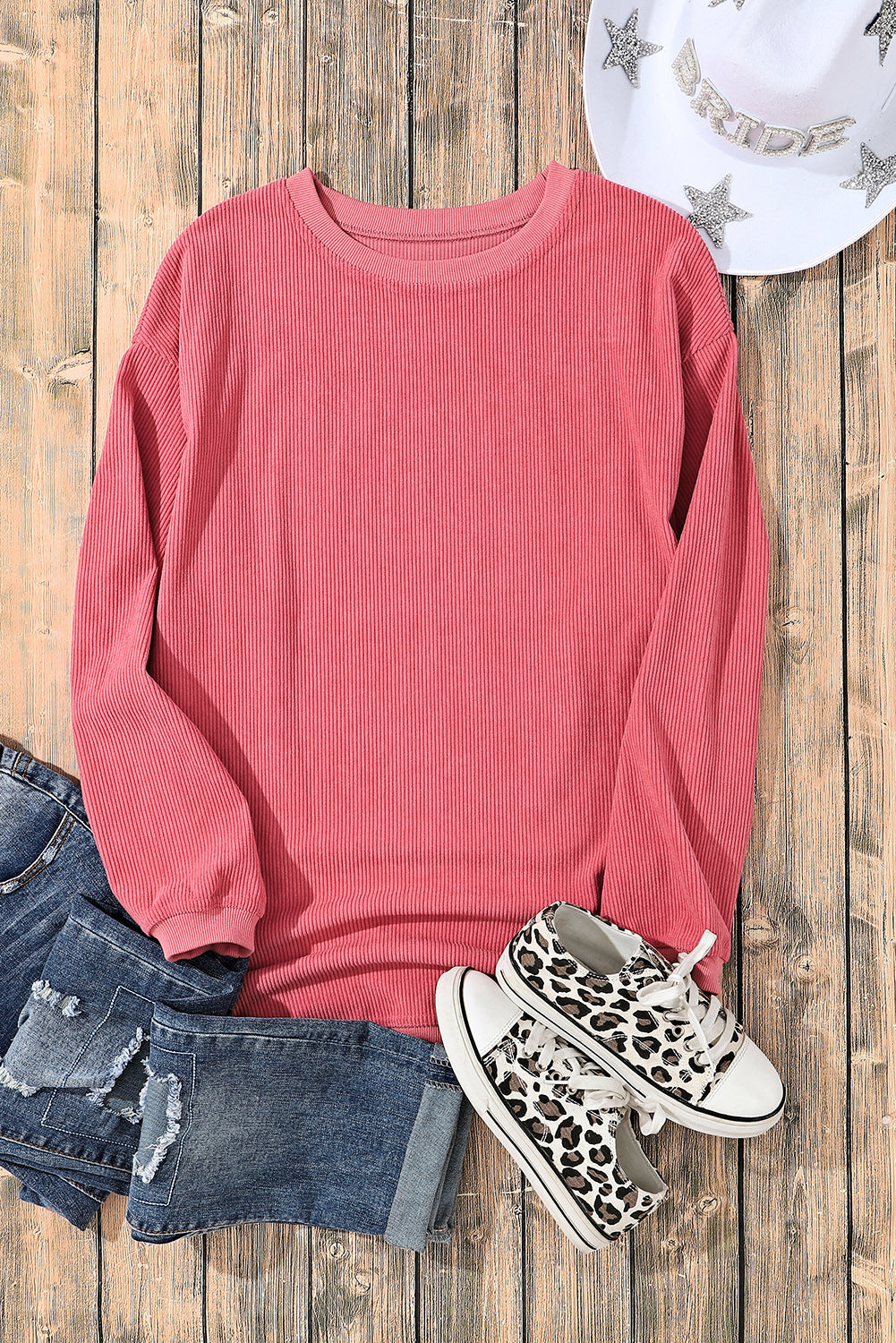 Strawberry Pink Ribbed Corded Oversized Sweatshirt