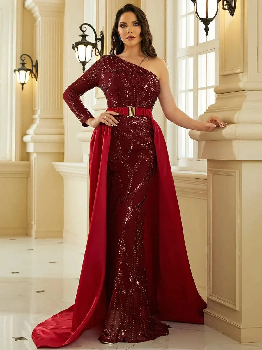 Robe de banquet rouge taille moyenne à paillettes pour femmes, couleur unie