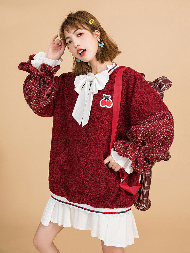 Sweet style lamb wool sweater coat