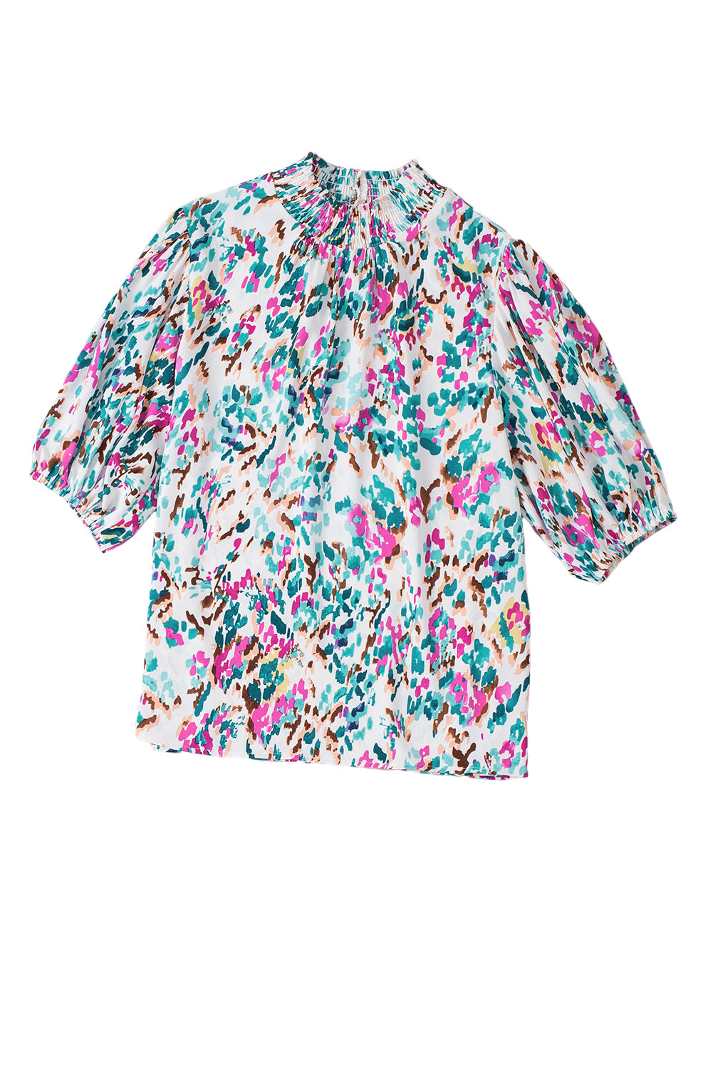 Light Blue Abstract Print Puff Sleeve Mock Neck Blouse