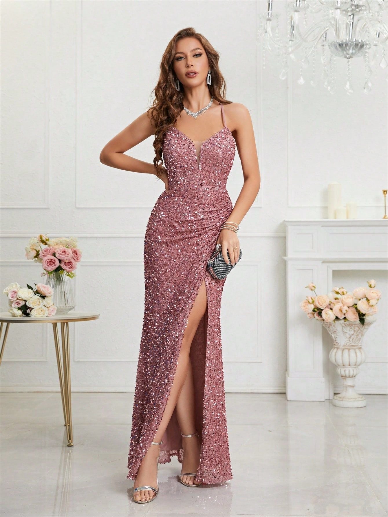 Robe à paillettes à col en V, coupe ajustée, tempérament de banquet