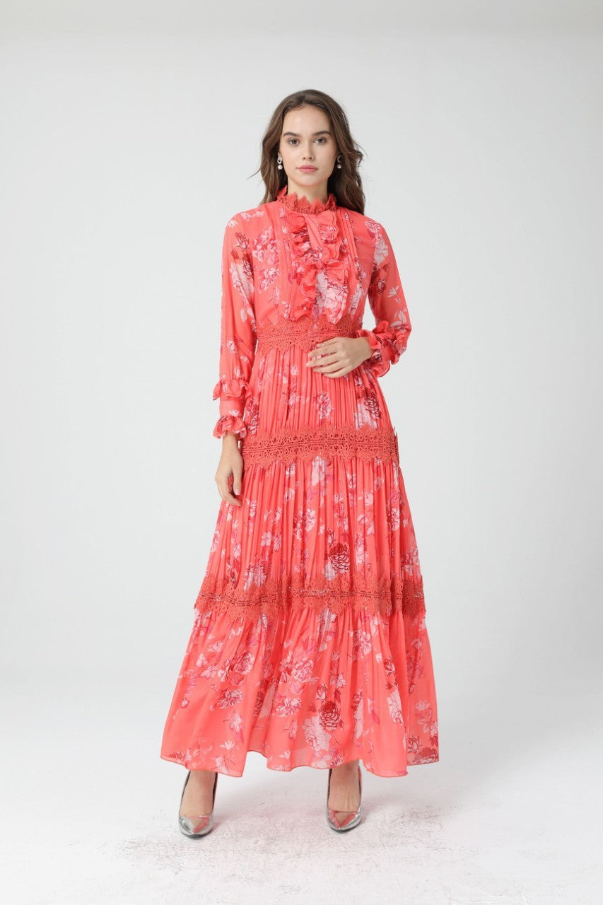 Early Spring Chiffon Fashion Temperament Commute High Waist Print Long Dress