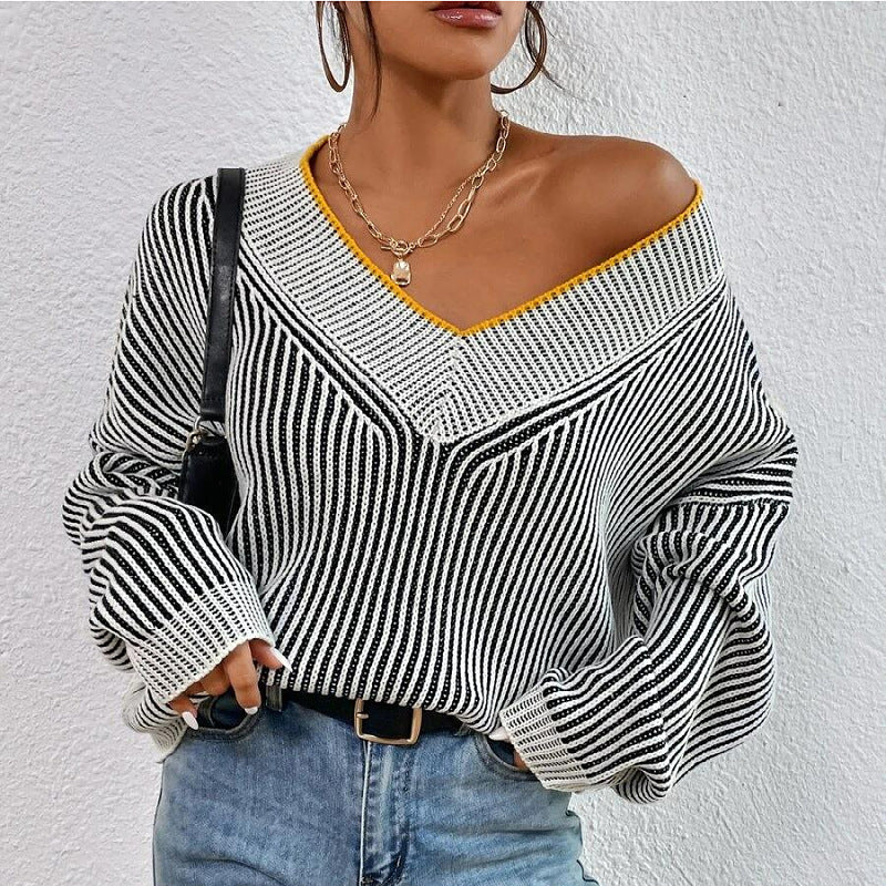 V-neck Loose Slimming Stripes Contrast Color Pullover Knitwear Top