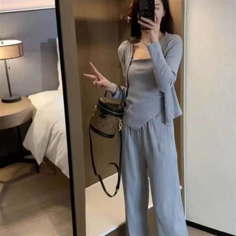 Temperament Youthful-looking Irregular Spaghetti-strap Cardigan Wide Leg Pants