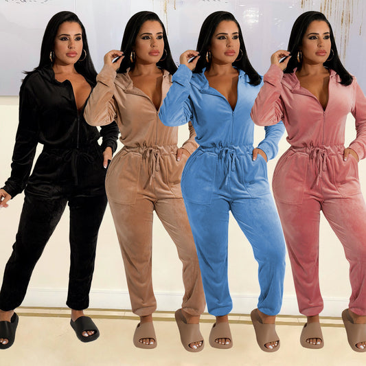 Velvet Long Sleeved Loose Fitting Women's Jumpsuit