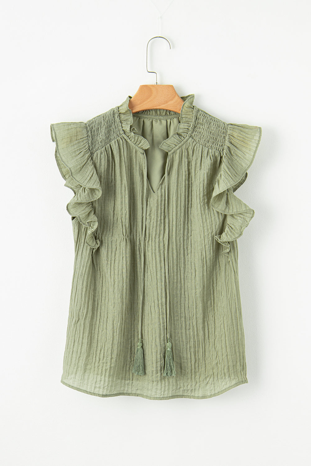 Blusa texturizada con mangas acampanadas y cuello en V en verde Meadow Mist