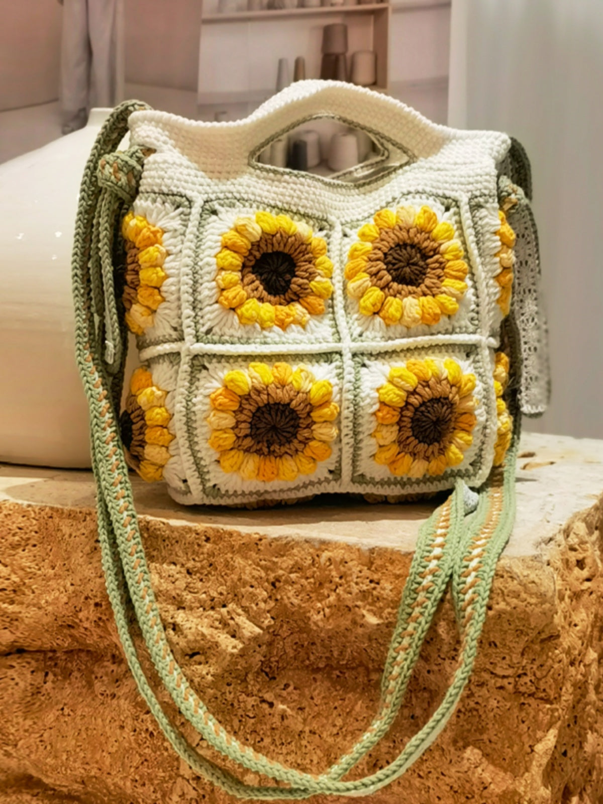 Sac à bandoulière en laine crocheté à la main à double usage, joli sac à main tissé à la main en tournesol pour femme