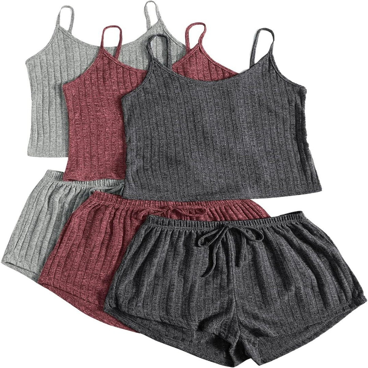 Women's Rib Knitted Crop-top Spaghetti-strap Lace-up Shorts Suit