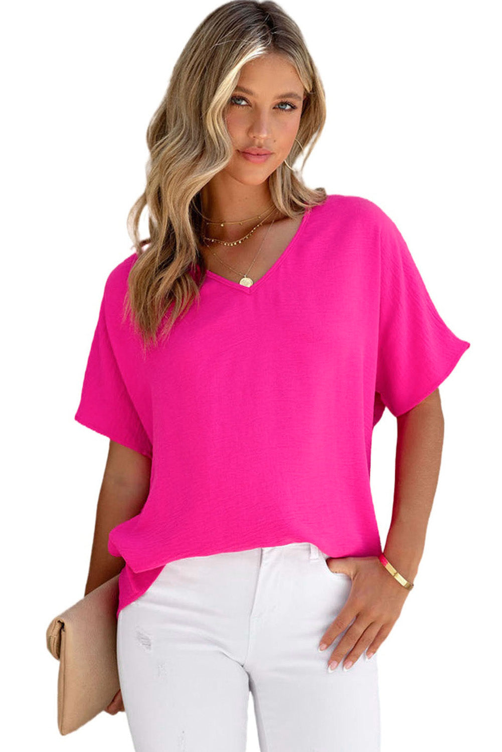 Blusa de manga corta con cuello en V liso rosa