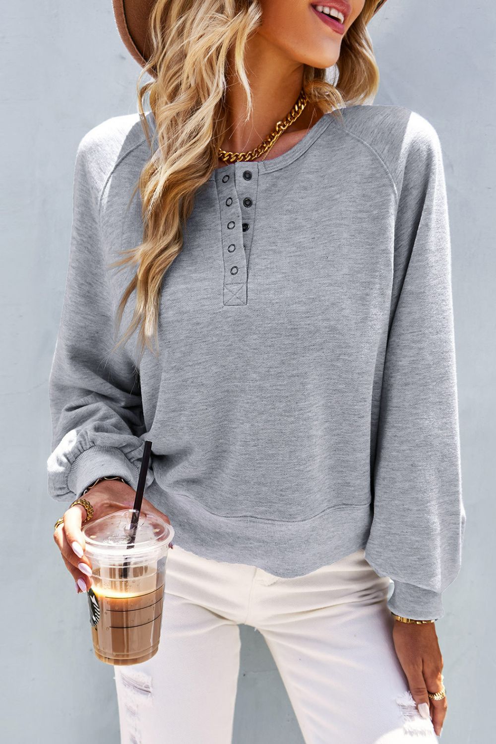 Balloon Sleeve Henley Sweatshirt