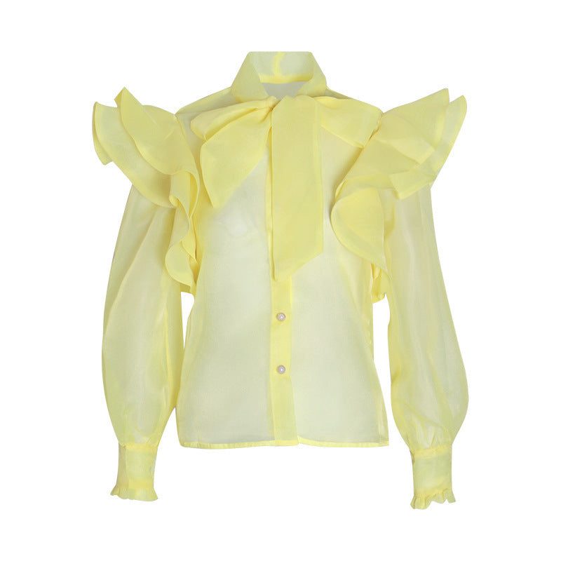 Sweet Wind Bow Tie Long-sleeved Shirt Women With Ruffles