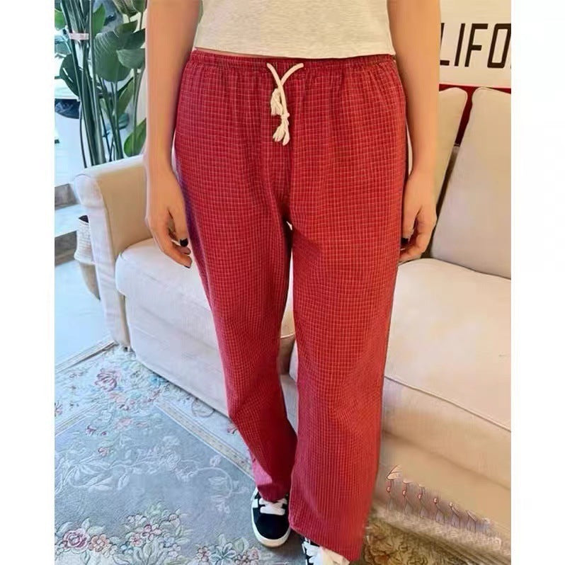 Women's Loose And Elastic Waist Drawstring Red Plaid Casual Trousers