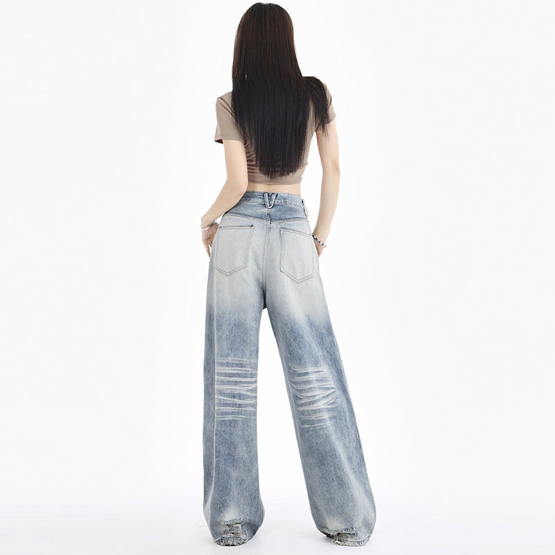 Women's Fashion Retro White Straight-leg Denim