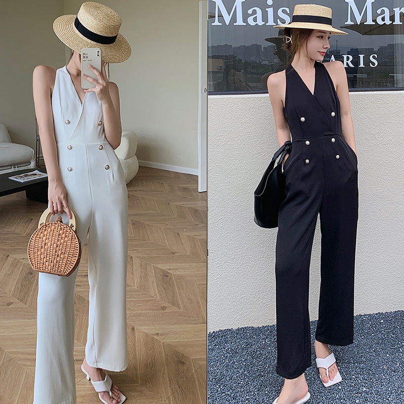 Temperament High-waisted Draped Black Neck Jumpsuit